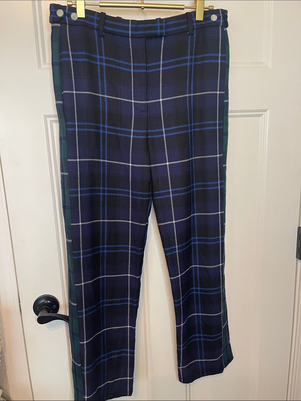 Versace Navy Plaid Straight-Leg Trousers with Green Side Stripe